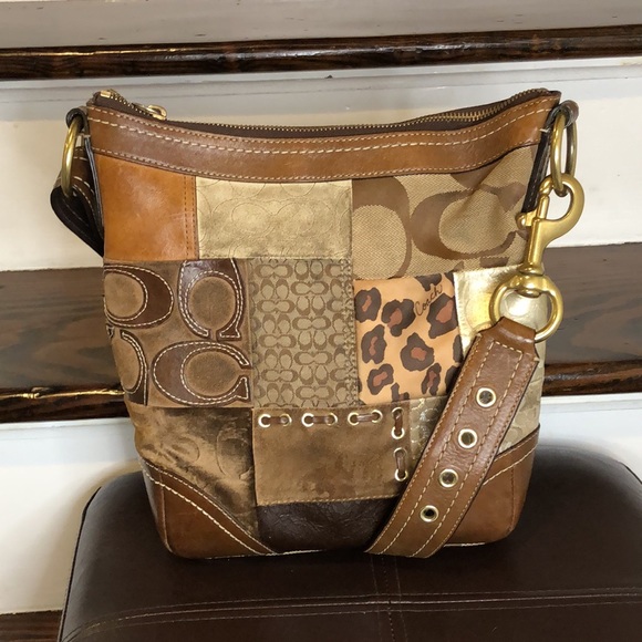 COACH Patchwork Top Zipper Crossbody Tote Shoulder Bag Brown Lining - Picture 3 of 17